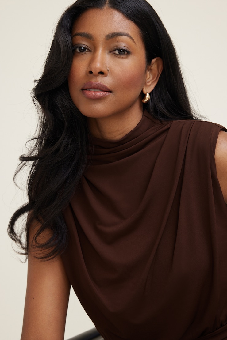 Mockneck Top With Shoulder Pads Bitter Chocolate Brown large