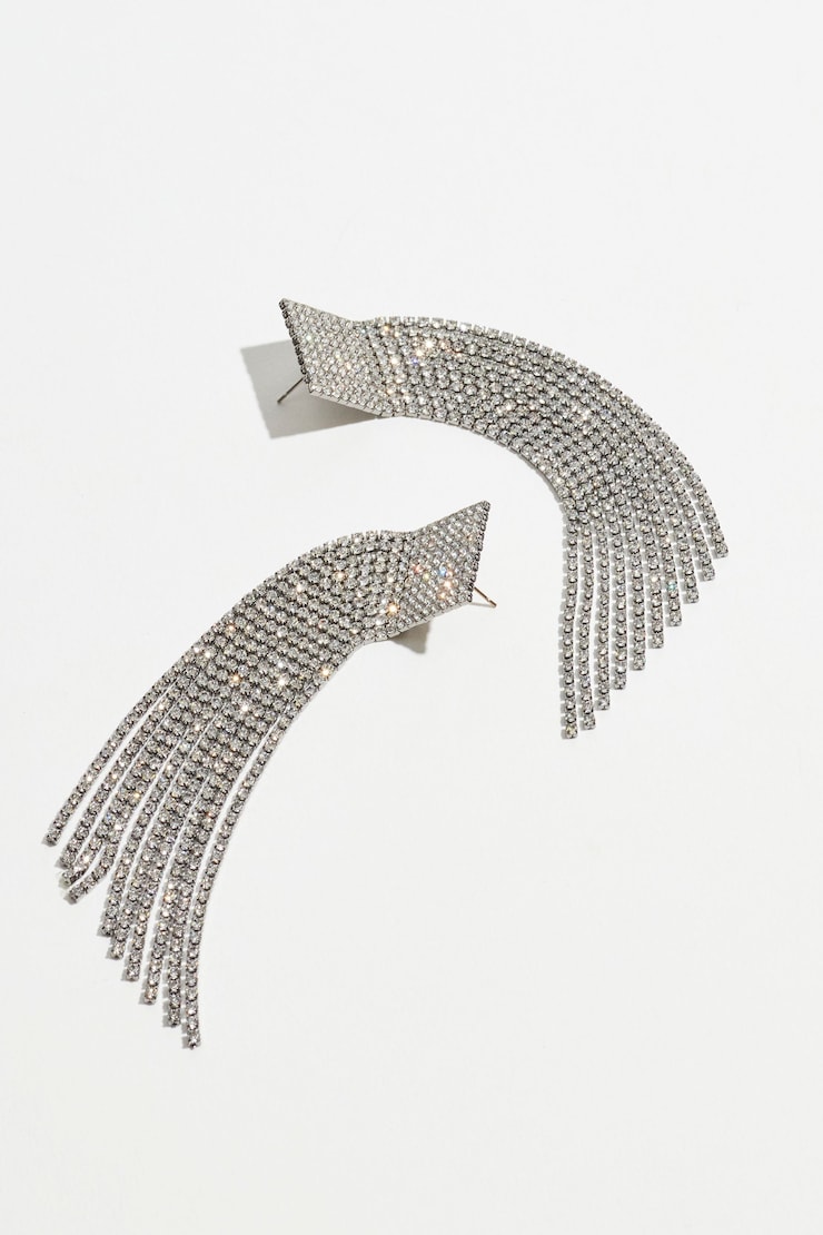 Square Rhinestone Fringe Earrings Clear/Silver large
