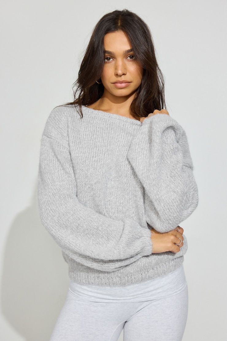 Oversized Boat Neck Sweater, Spring Grey Mix, large