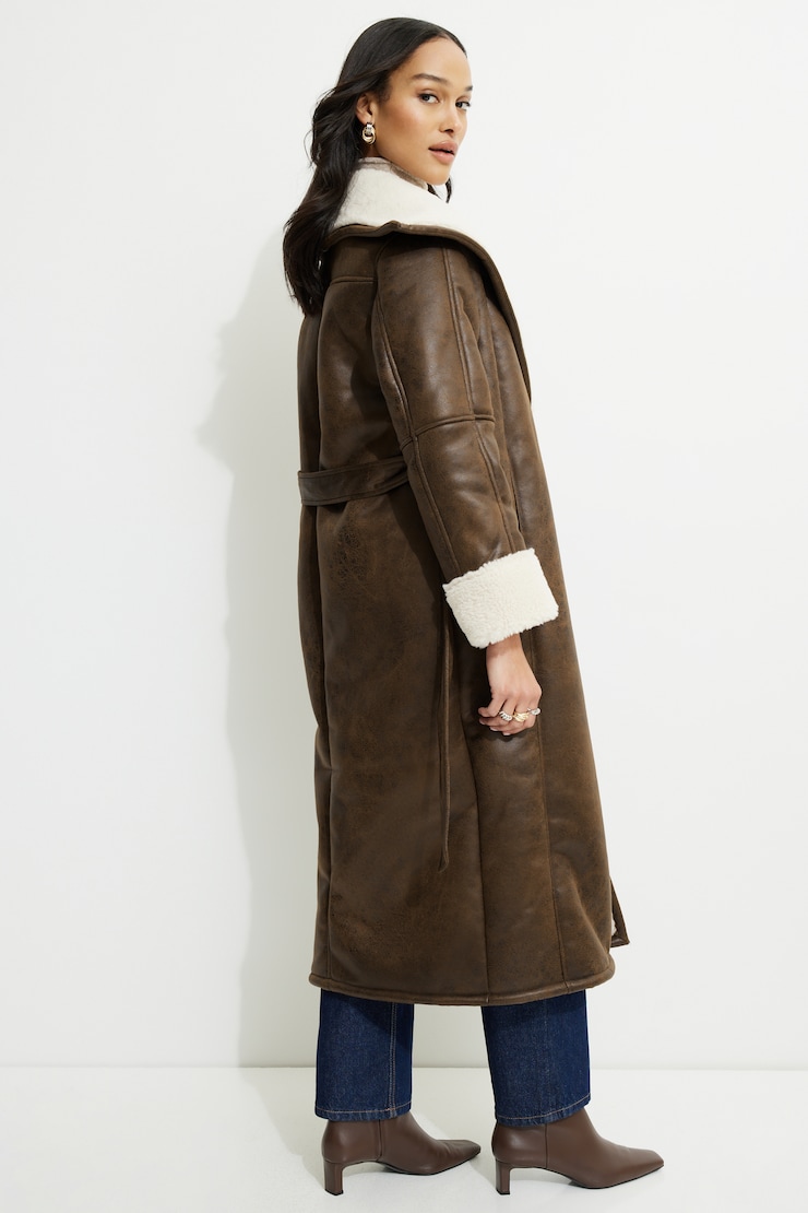 Sherpa Faux Leather Wrap Coat Java/Rainy Day large
