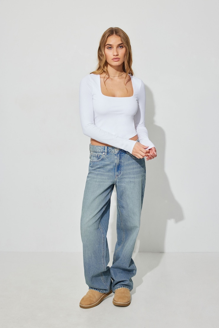 Portia Square Neck Long Sleeve Top, Bright White, large