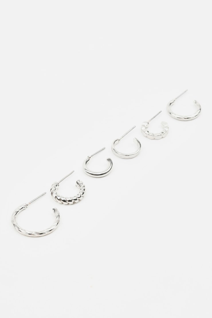 6 Pack Textured Huggies & Hoop Earrings, Silver, large