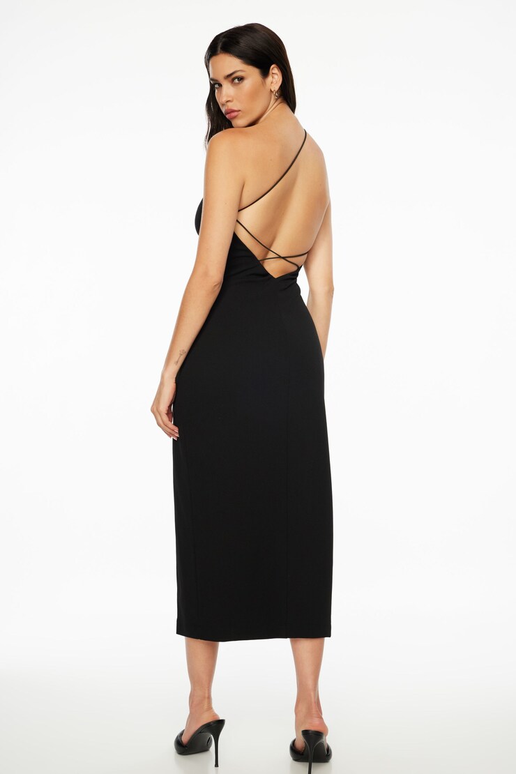 Asymmetrical Open Back Midi Dress Jet Black  large