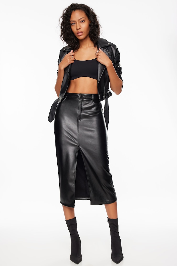 Gigi Faux Leather Midi Skirt Black | Dynamite