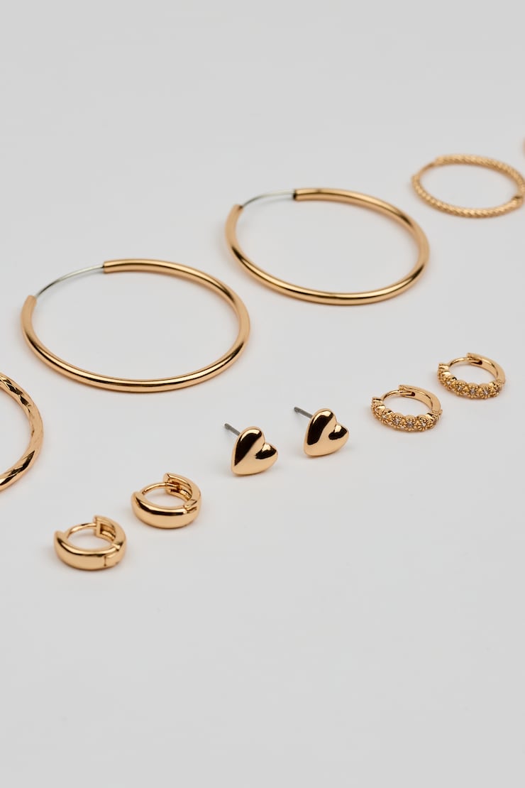 6 Pack of Mini Studs & Thin Hoop Earrings, Gold, large