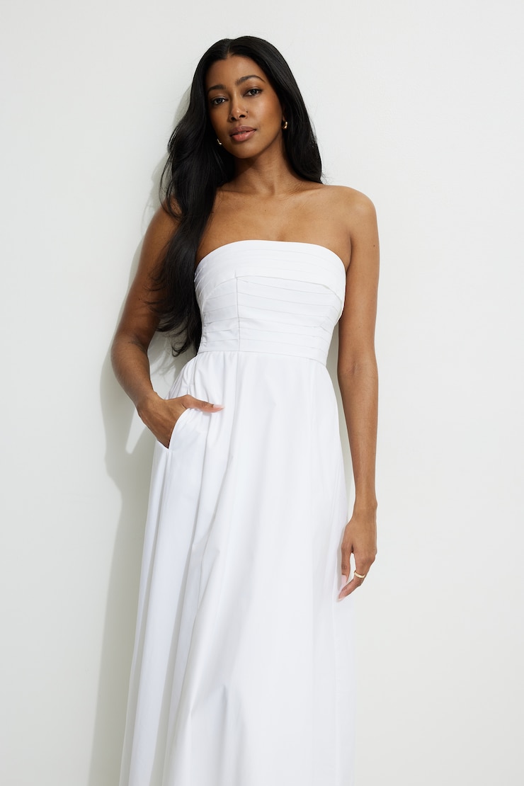 Pintuck Poplin Maxi Tube Dress Bright White large