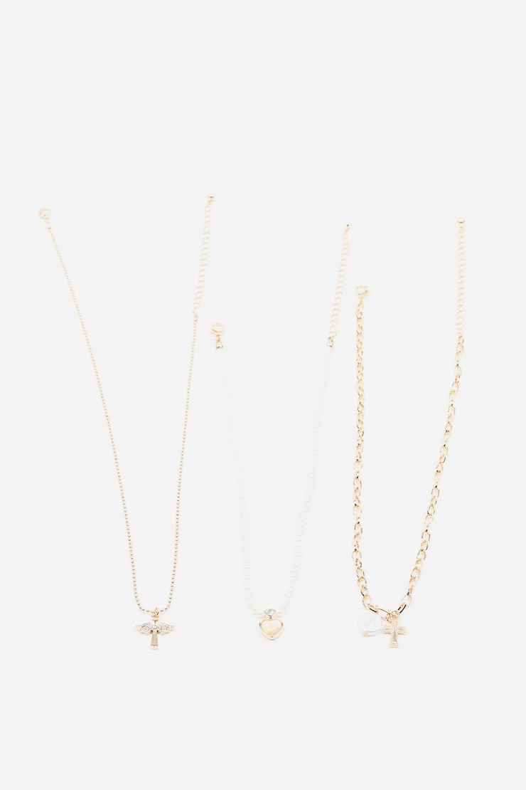 Set of 3 Heart, Wing, & Cross Necklace, Off White/Gold, large