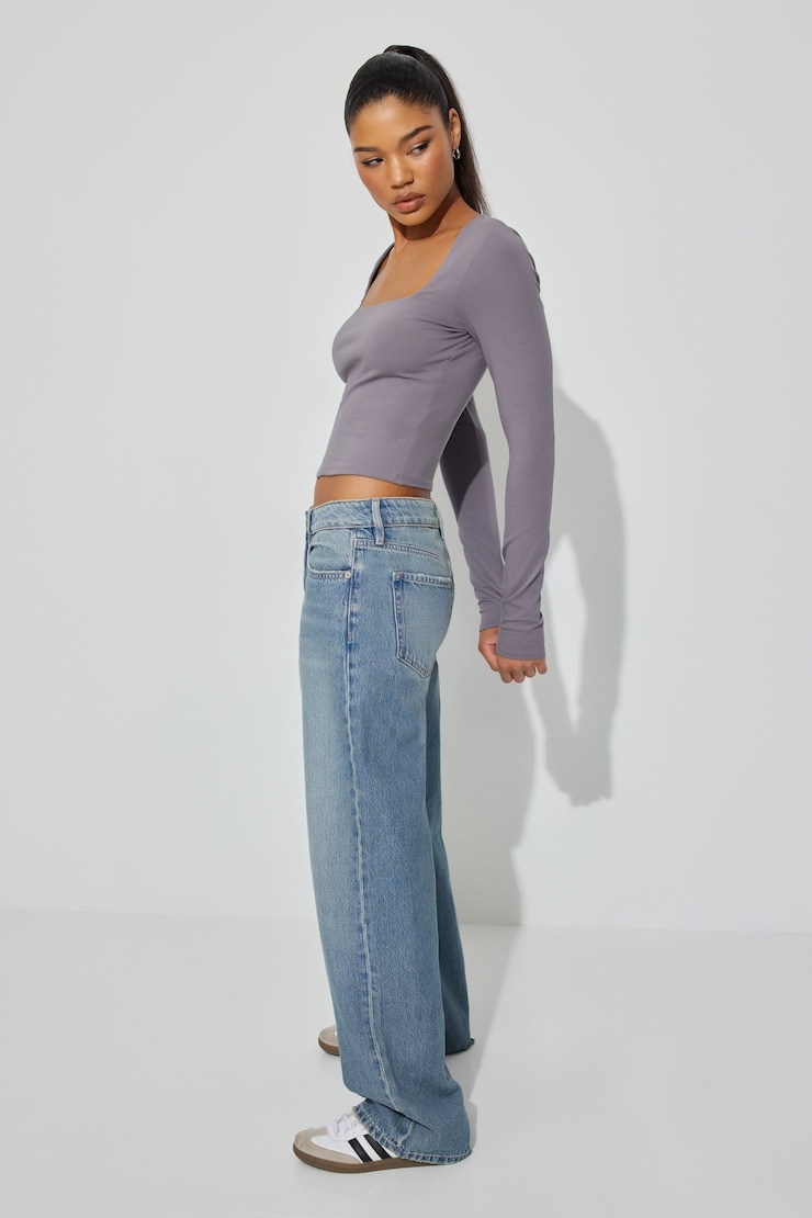 Portia Square Neck Long Sleeve Top, Smoked Out Grey, large