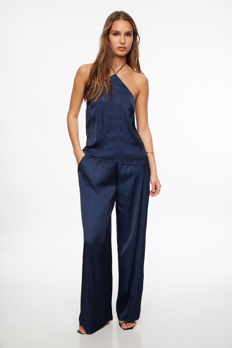 Crinkled Satin Halter Top Navy Blazer large