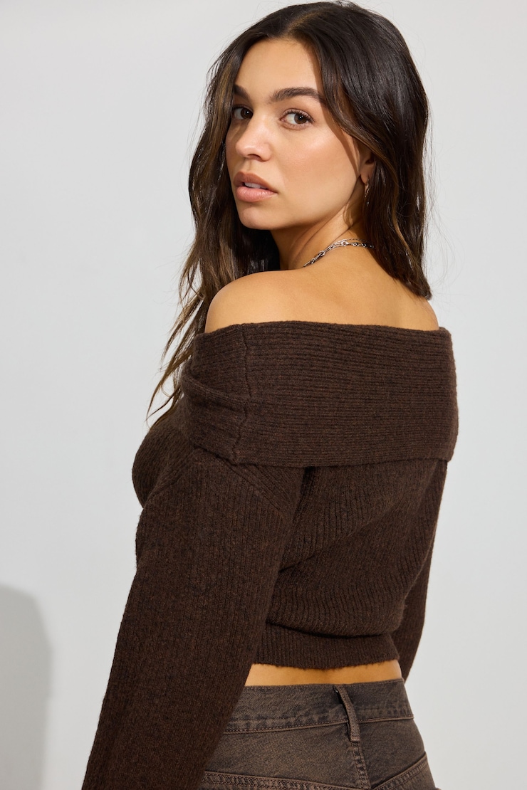 Cozy Loose Off Shoulder Sweater, French Roast Brown Melange, large