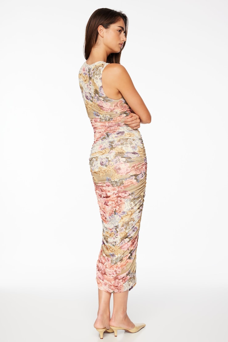 Mesh Ruched Midi Dress Dusty Pink Floral large