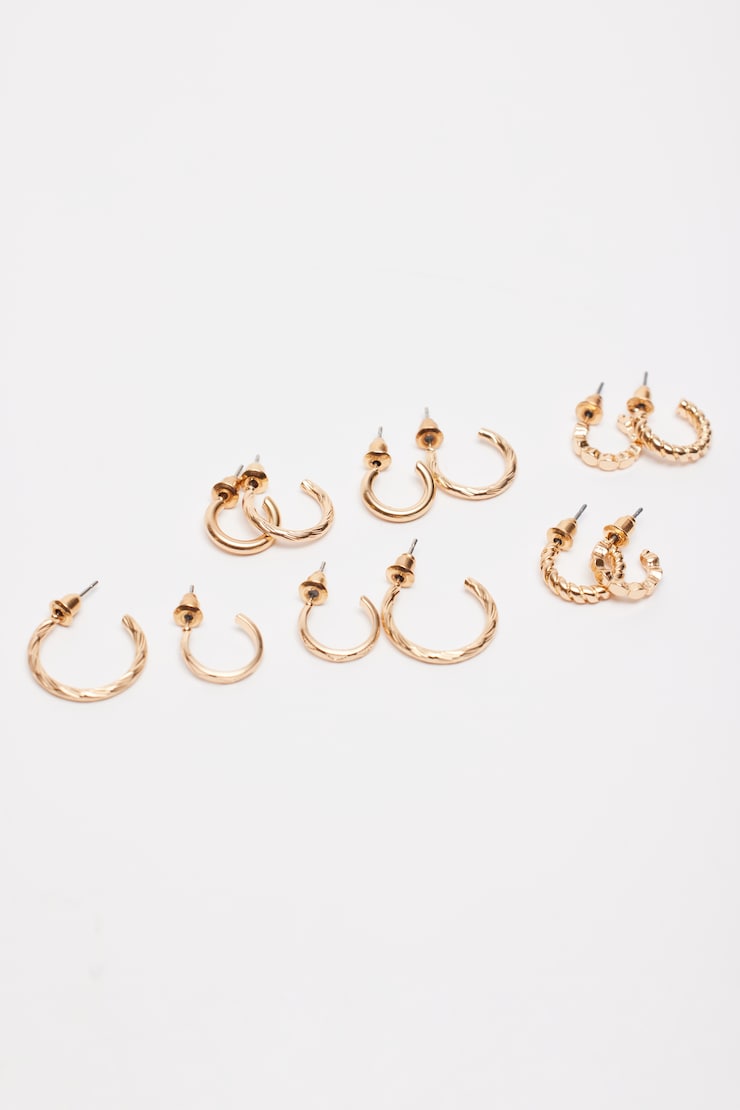 6 Pack Textured Huggies & Hoop Earrings, Gold, large