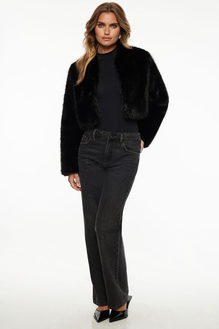 Faux Fur Cropped Jacket Jet Black large