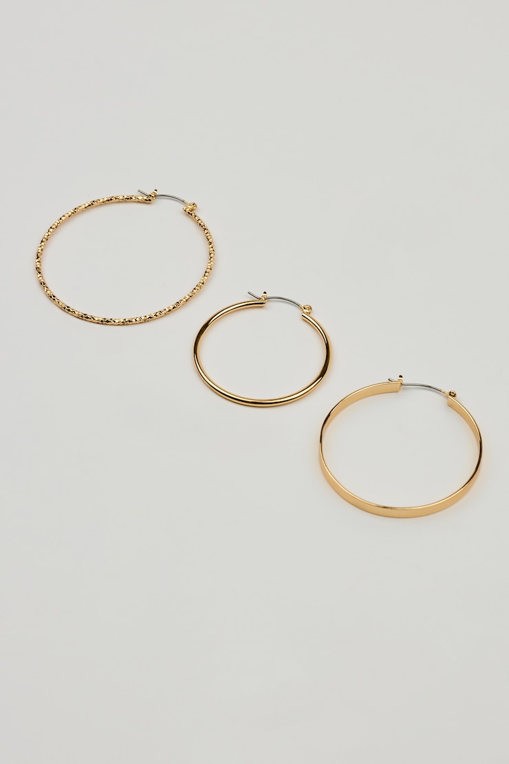 Ensemble de 3 paires d’anneaux lisses et texturés, Or, large