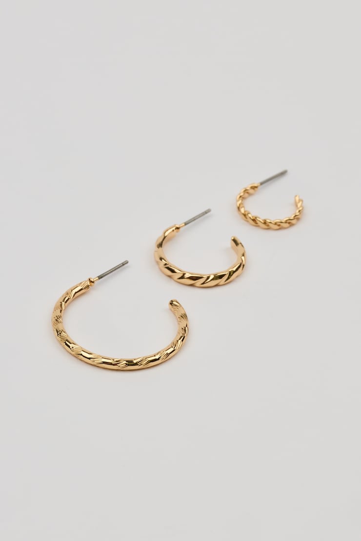 Set of 3 Textured Open Hoop Earrings, Gold, large