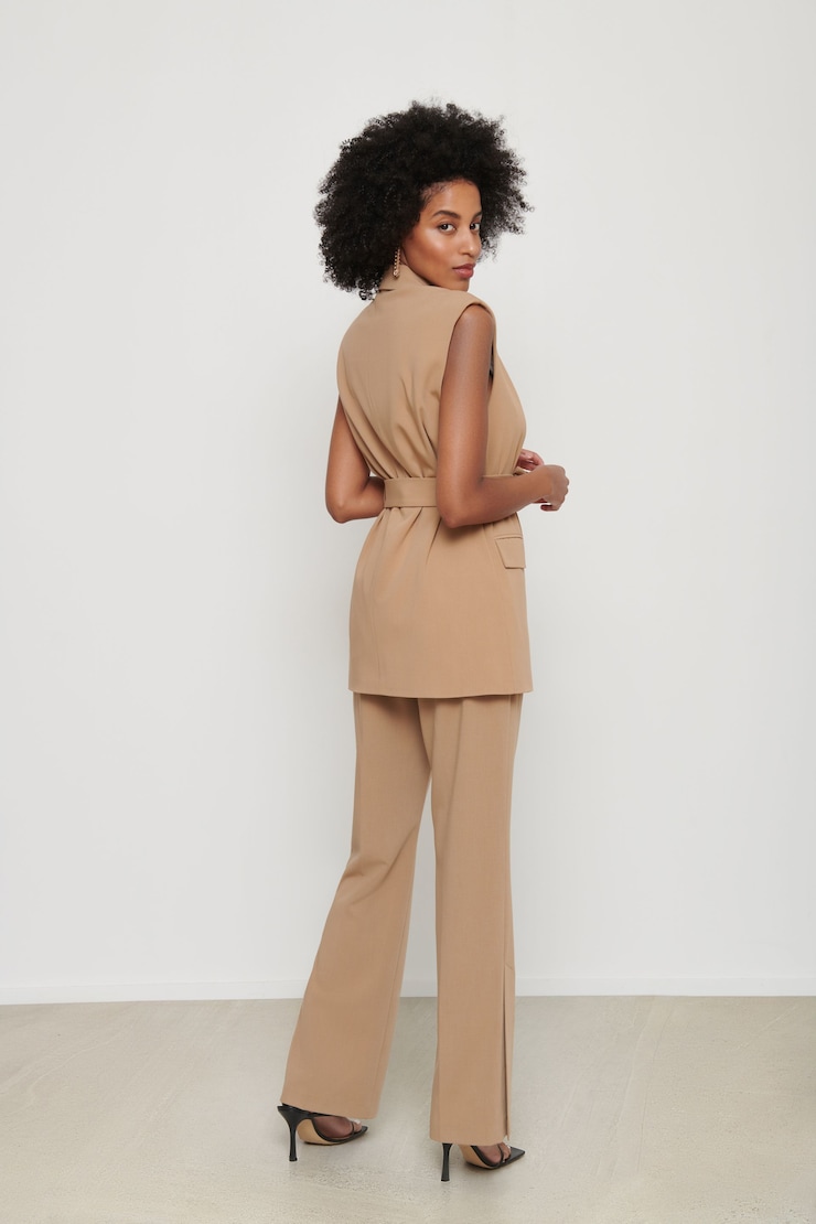 Billie Sleeveless Belted Vest Tan Brown large