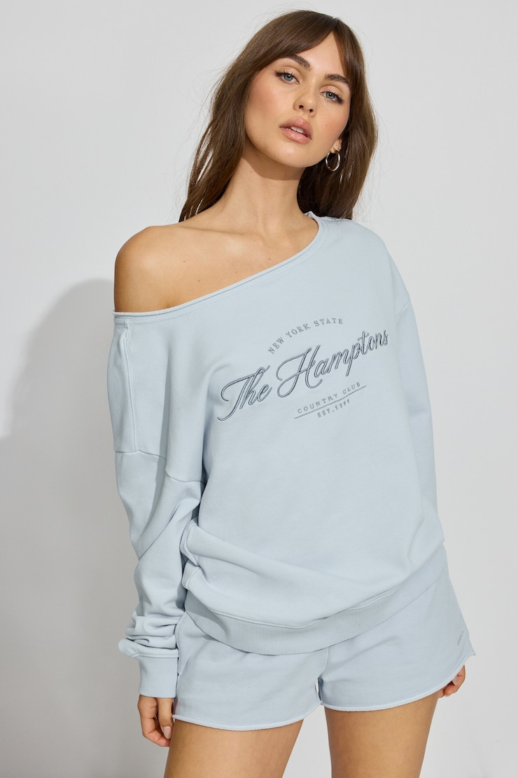 SoftTerry Off Shoulder Sweatshirt, Soft Blue with "Hamptons" Art, large
