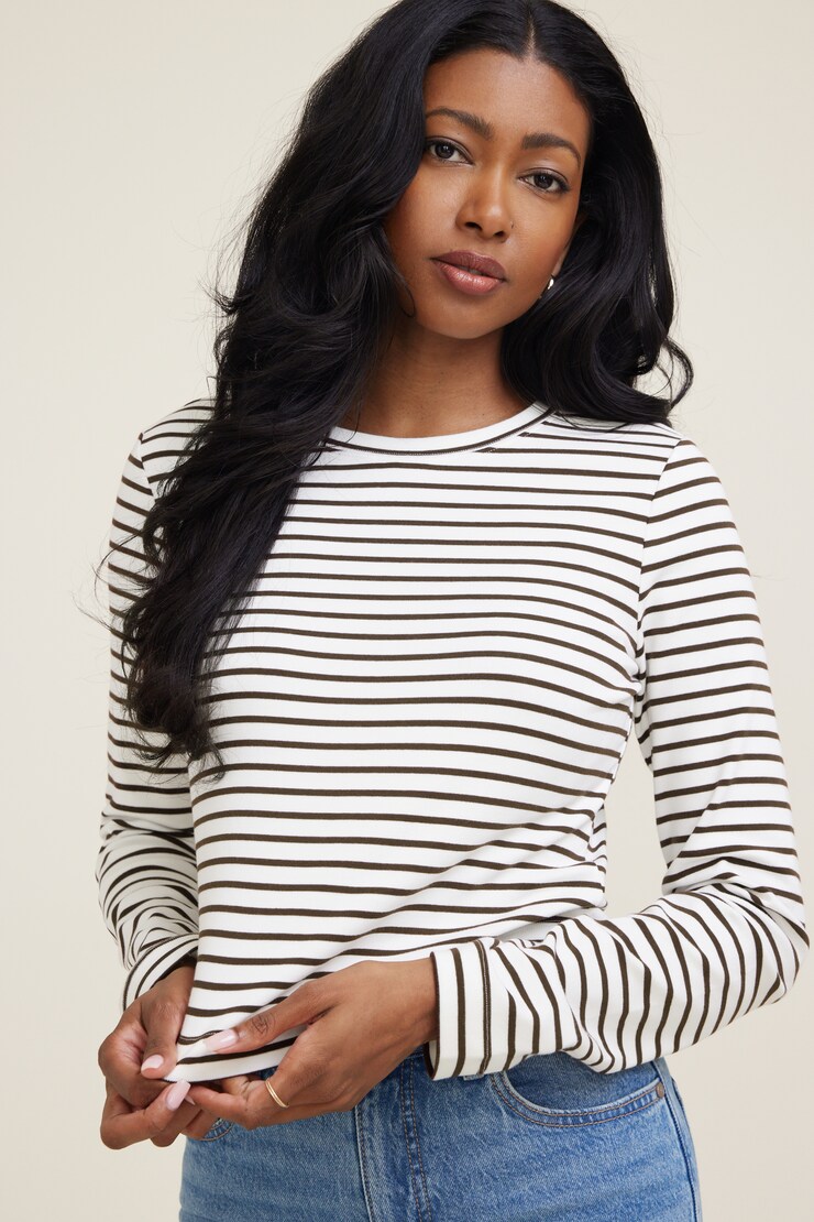 Striped Boxy Cotton Long Sleeve T Shirt Black | Dynamite