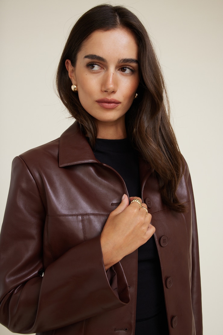 Charlotte Short Faux Leather Jacket Faux Leather Bitter Chocolate Brown large