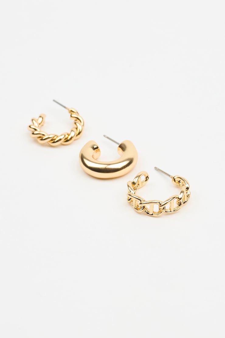 Ensemble de 3 boucles d’oreilles avec torsades et chaînes, Or, large