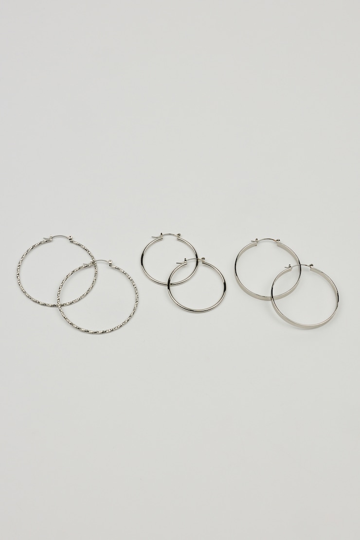 Ensemble de 3 paires d’anneaux lisses et texturés, Argent, large