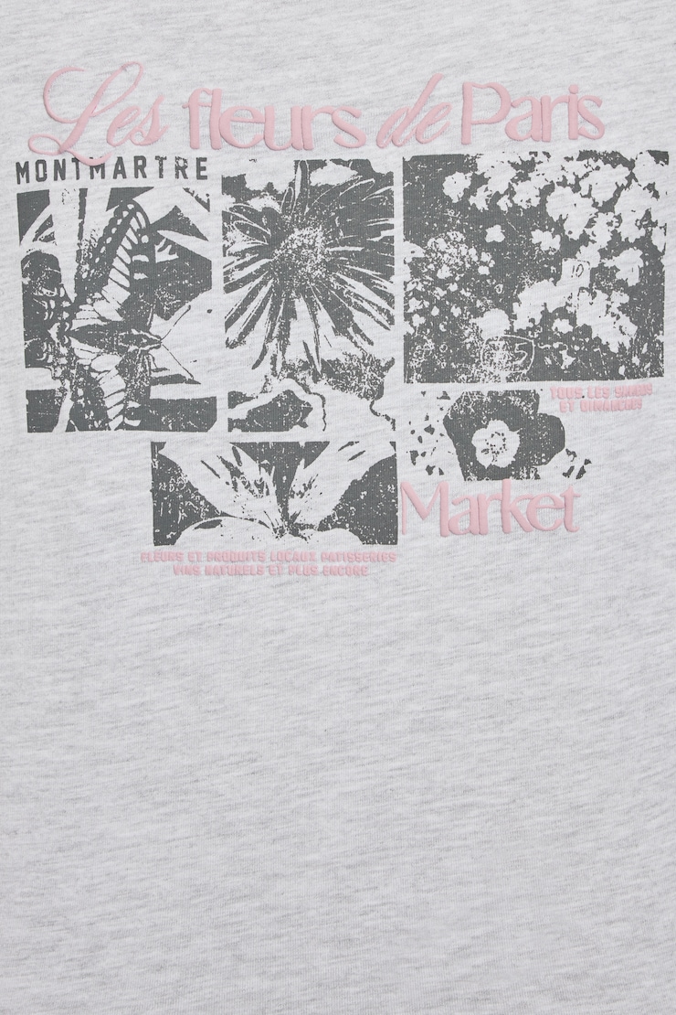 Off Shoulder T Shirt, Spring Grey Mix with "Fleurs De Paris" Art, large
