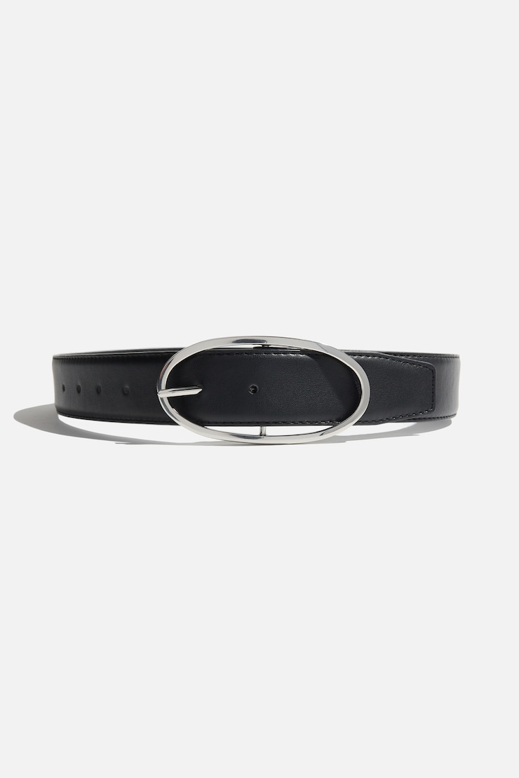 Oval Slim Faux Leather Belt Black / Silver large