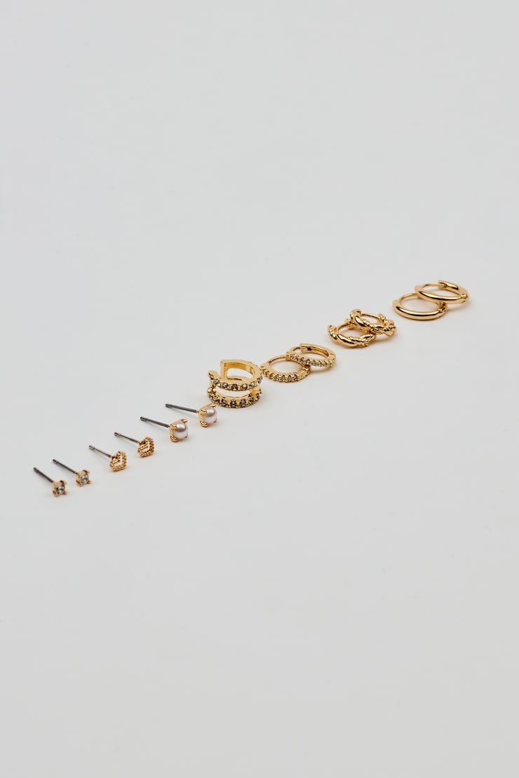 13 Pack of Gem, Hoop & Cuff Earrings , Clear/Gold, large