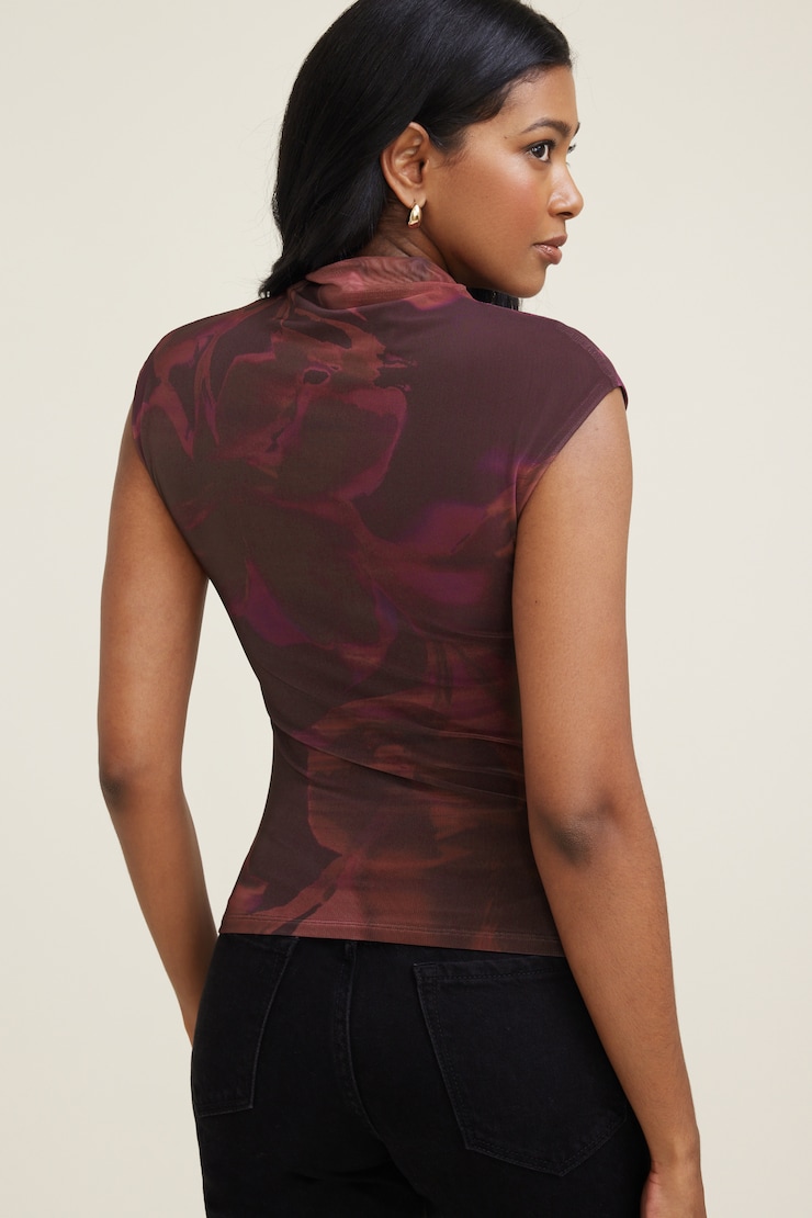 Printed Cap Sleeve Mesh Top Maroon Red Floral large