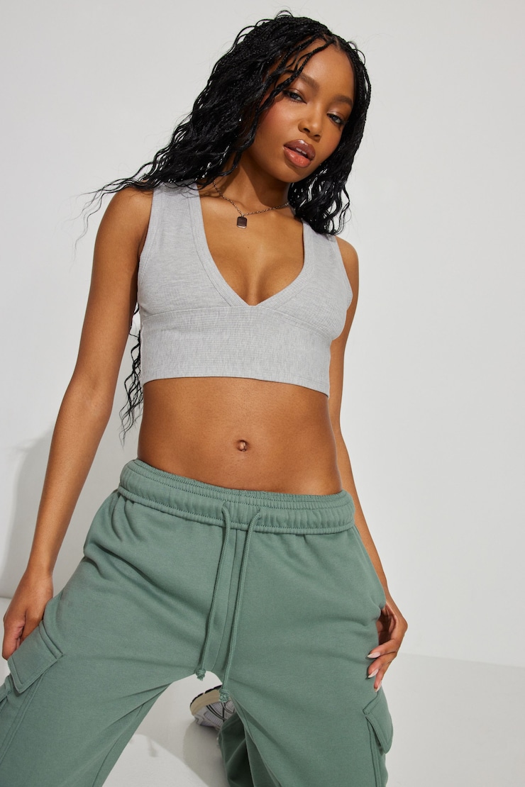 Plunge V-Neck Rib Tank Top, Spring Gray Mix, large