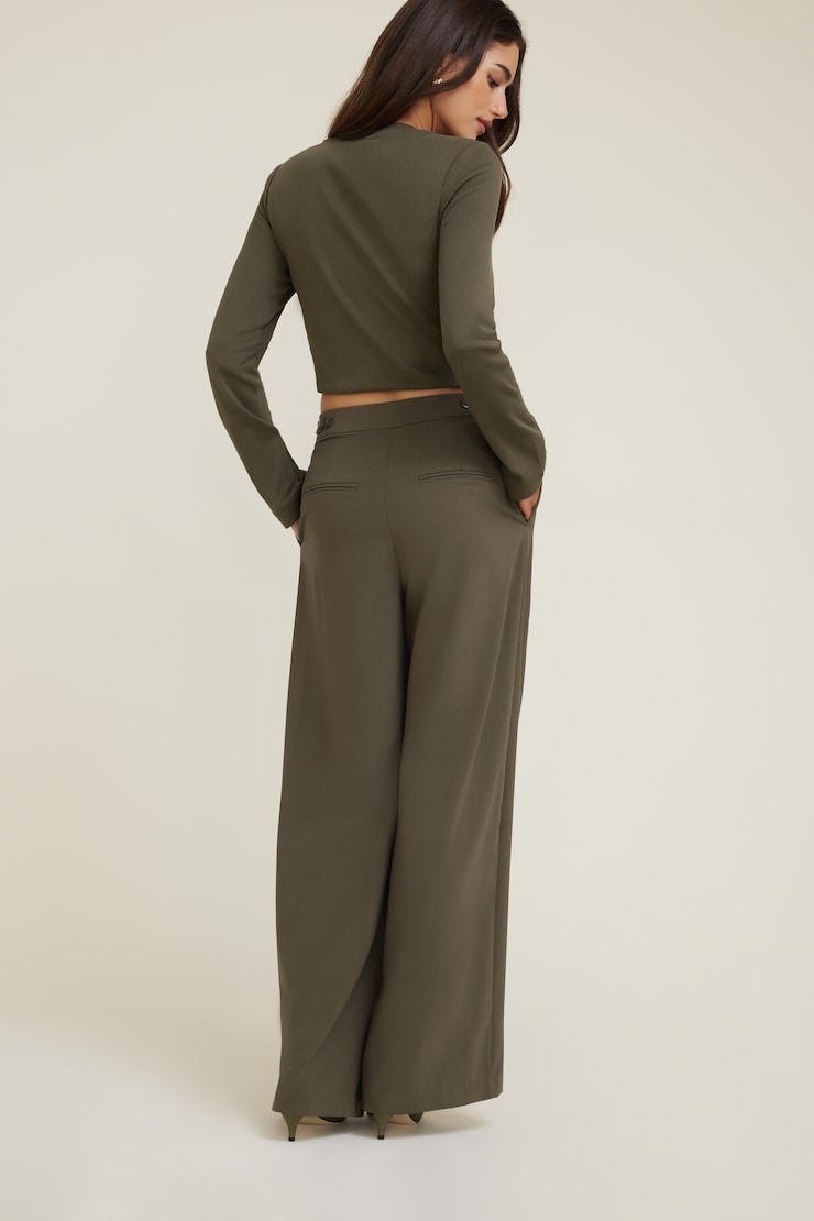 パンツ argue WOOL WIDE TUCK PANTS/OLIVE GRAY02 Leni Pleated Wide Leg Pants Green | Dynamite