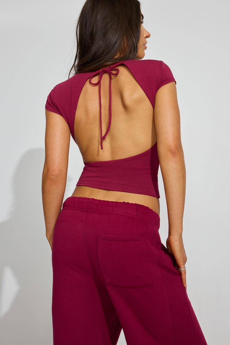 Crew Neck Open Back Short Sleeve Top, Sour Cherry Burgundy, large