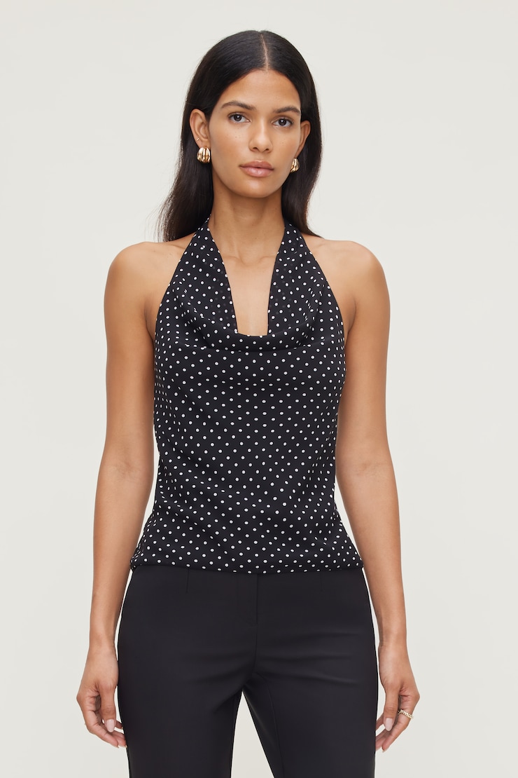 Polka Dot Halter Blouse Black w/ White Dots large