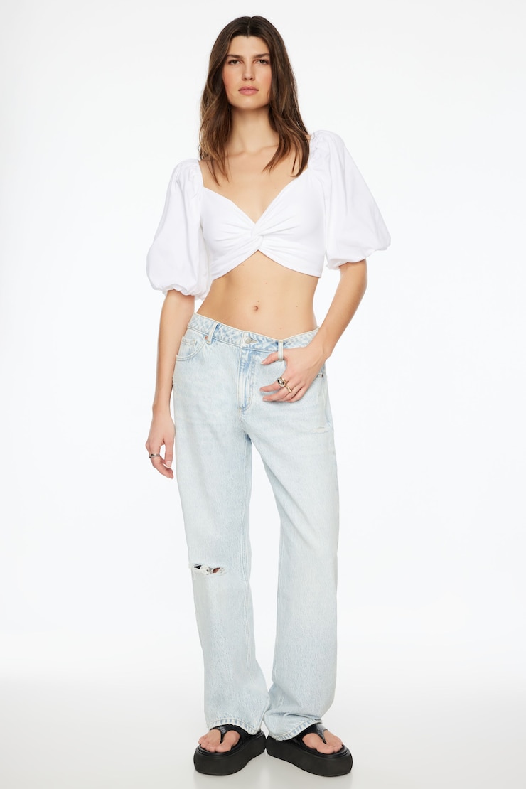 Indie Puff Sleeve Twist Front Crop Top  Bright White large