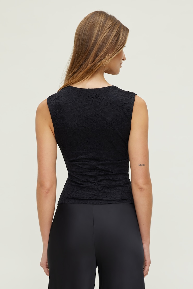Shirred Lace Tank Top Black | Dynamite