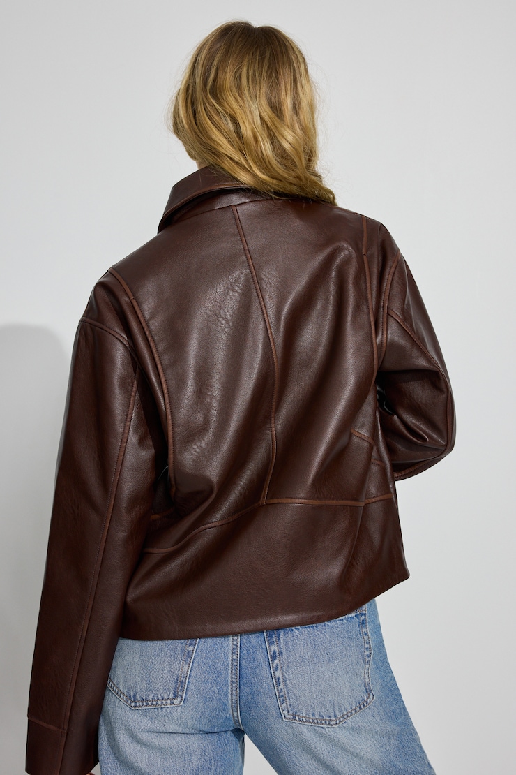 Oversized Faux Leather Worker Jacket Brown | Garage