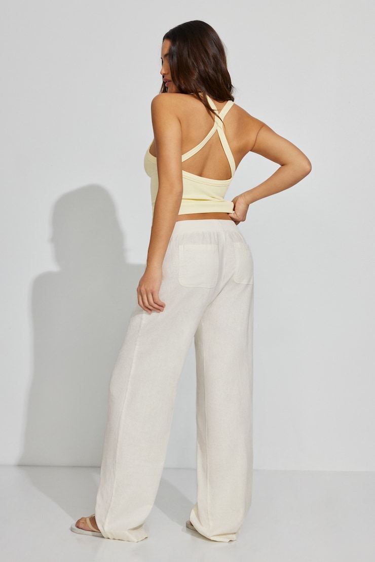 Linen Ribbed Waistband Pull-On Pants, Snow White, large