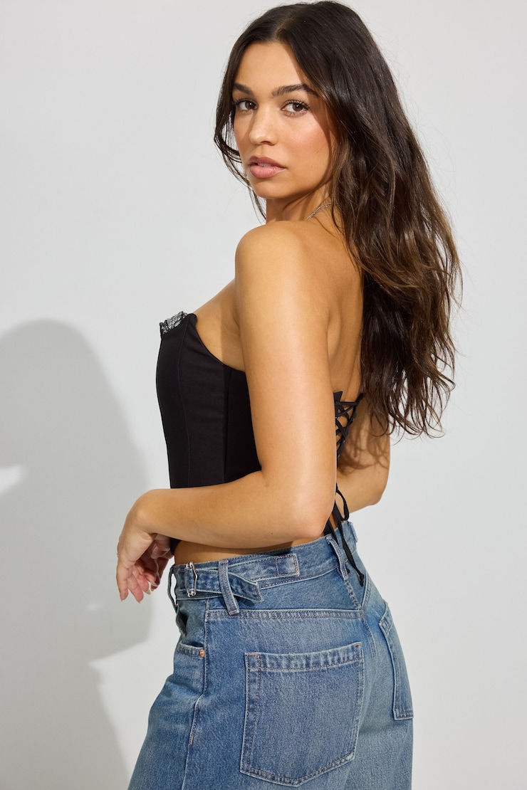 Lace Trim Strapless Bustier, Jet Black, large