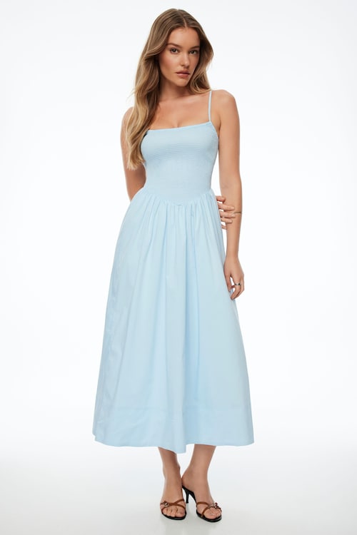 fitted poplin dress Royal Blue Cotton Poplin V-Neck Gathered Midi Wrap Dress 68