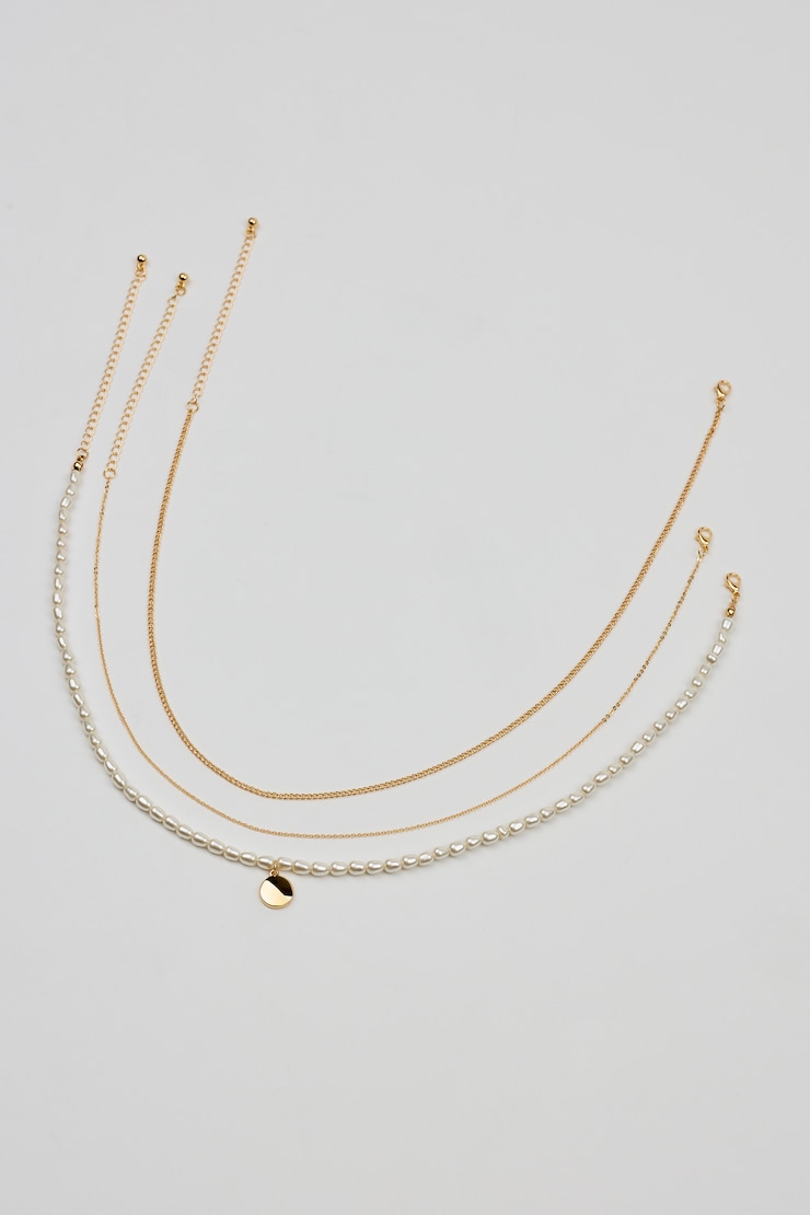 Set of 3 Pearl and Chain Necklaces, Off-White/Gold, large