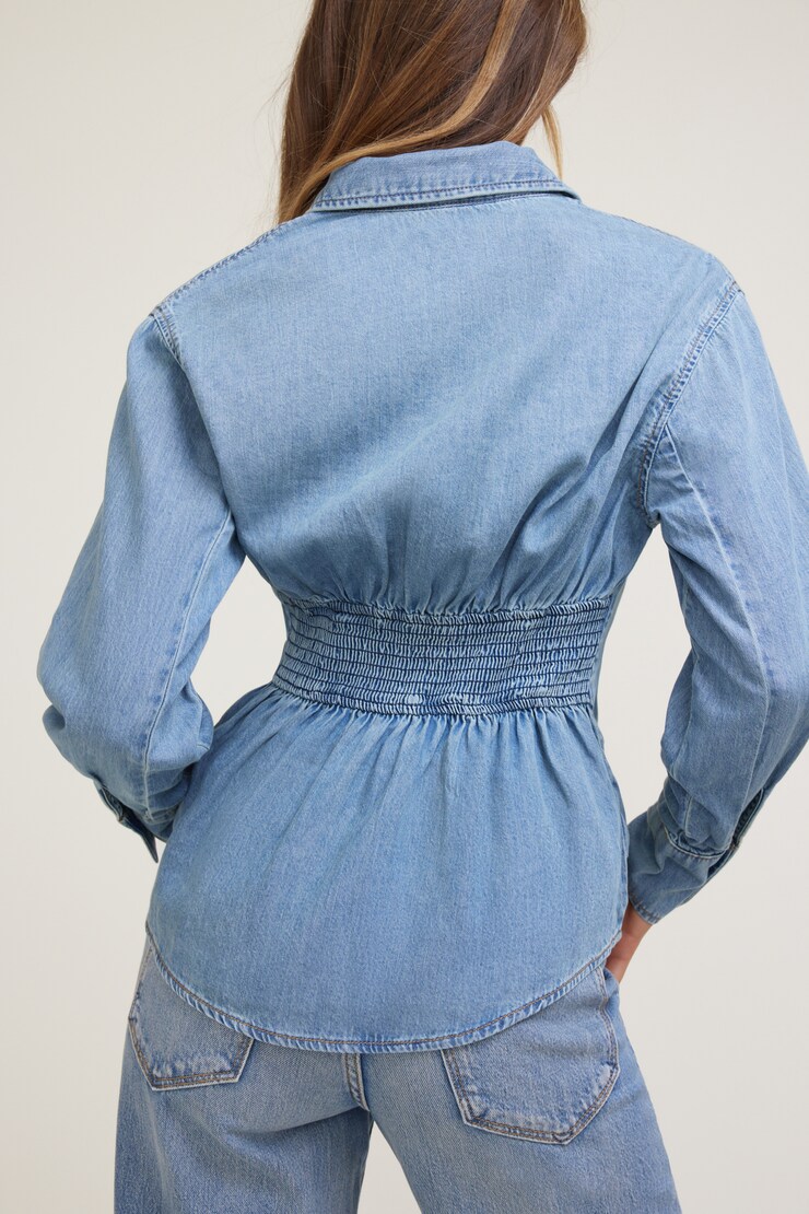 Chemise à manches longues avec détails smockés Bleu Amara large