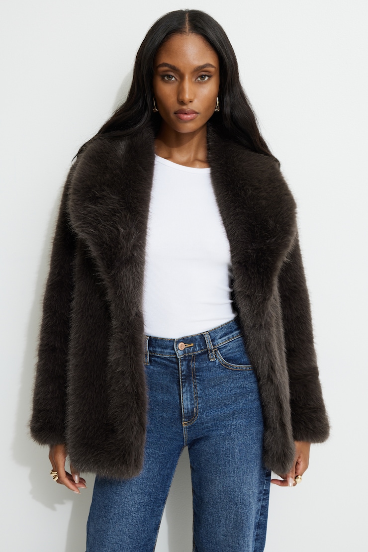 Faux Fur Midi Jacket Brown | Dynamite