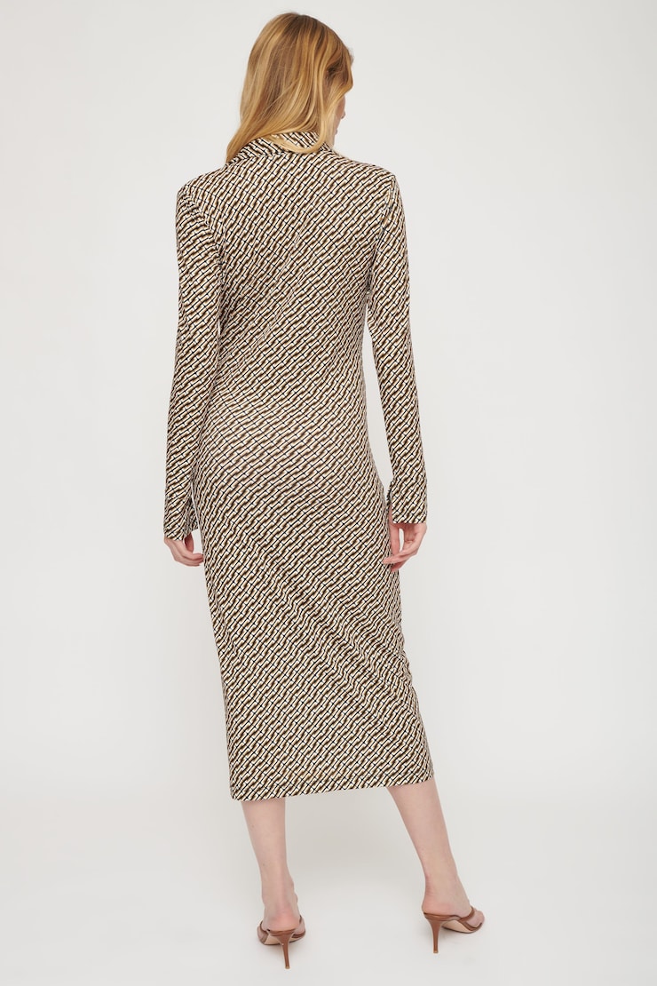 Button Down Maxi Shirt Dress 70s Print Beige/Black  large