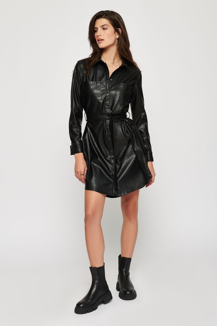 Faux Leather Belted Shirtdress