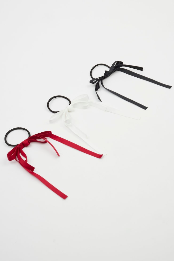 Set of 6 Ribbon Bow Hair Elastics, White/Red/Black, large