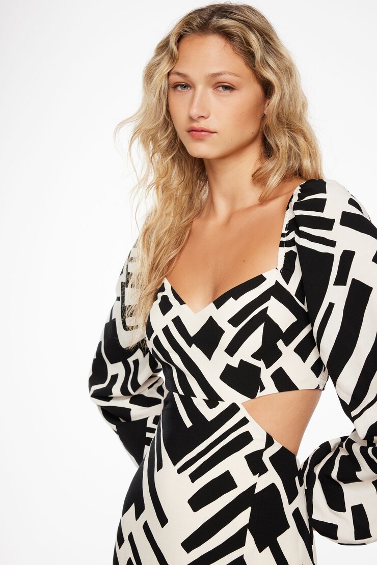 Long Sleeve Cut Out Maxi Dress Black & White Abstract Print large