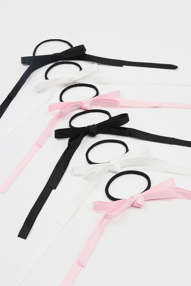 Set of 6 Ribbon Bow Hair Elastics, White/Black/Chalk Pink, large