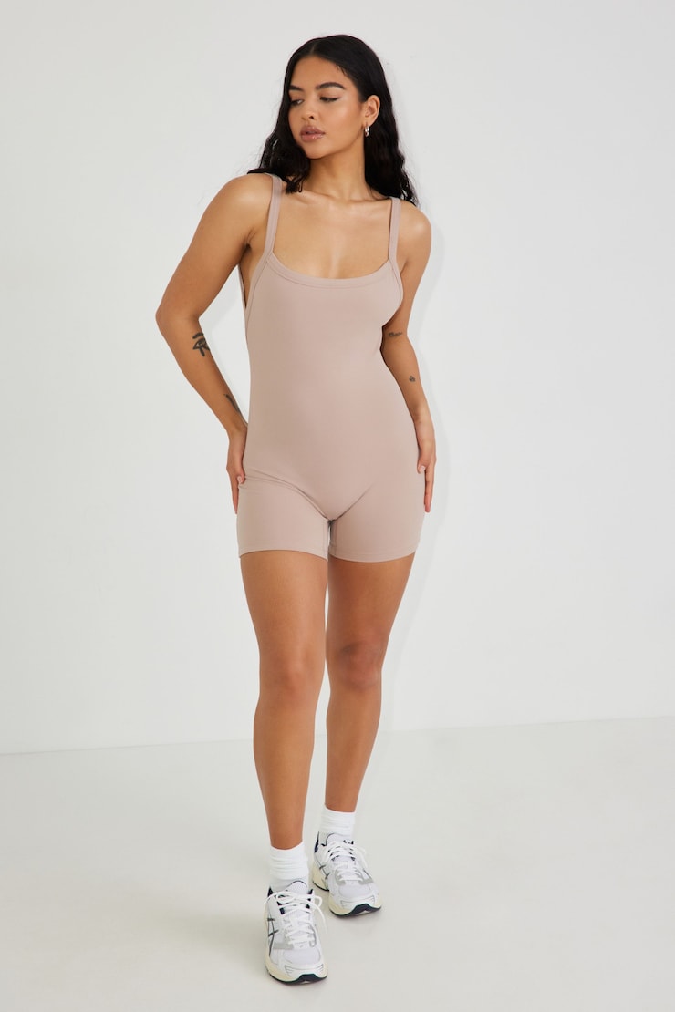 Ally Low Back Active Romper, Goat Brown, large