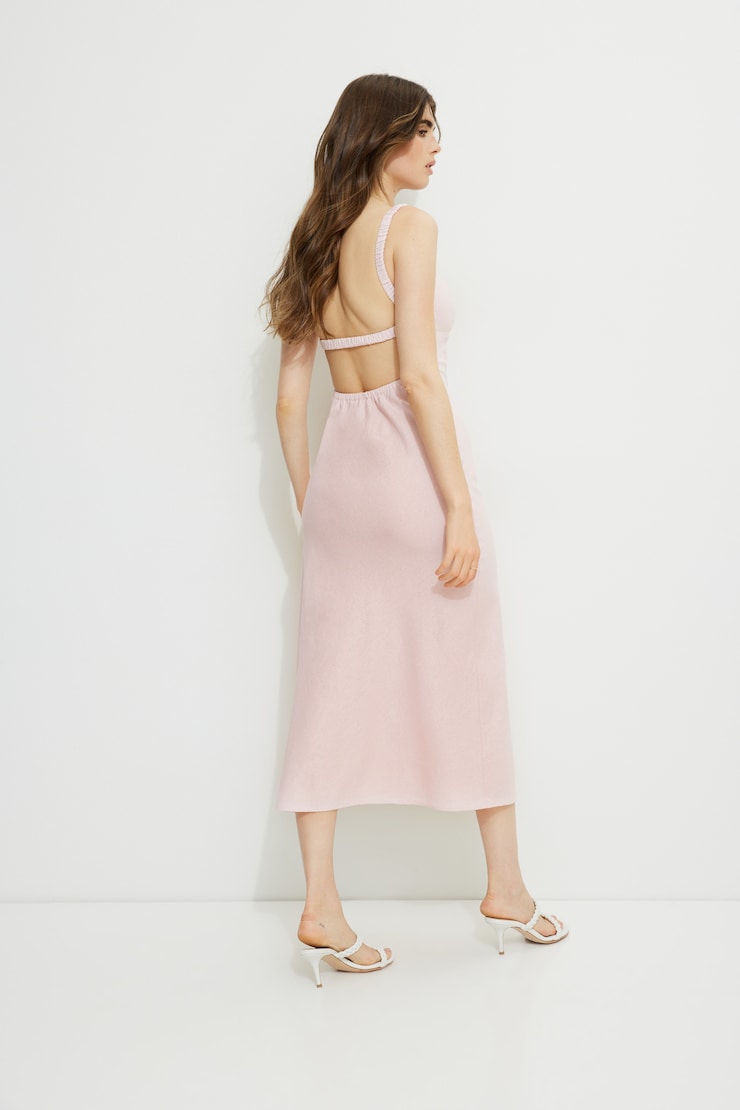 Robe midi en lin à dos ouvert Lilas rose pâle large