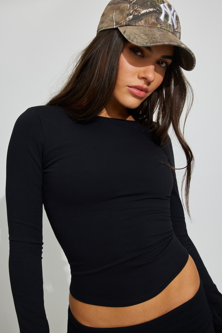 Active Scoop Back Long Sleeve Top, Jet Black, large